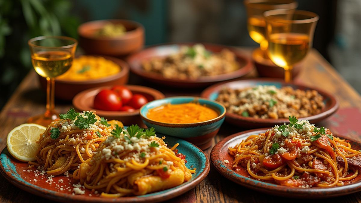 Mesa con platos mexicanos coloridos y vasos de tequila.