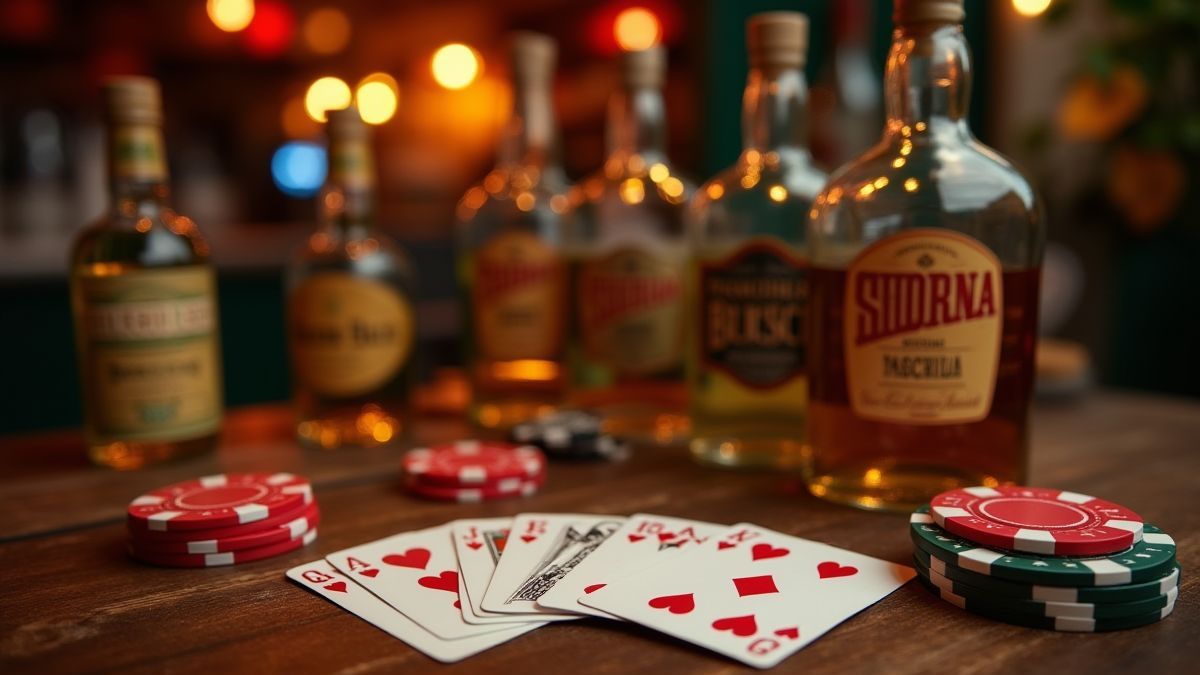Mexican cantina with poker cards and tequila bottles on a wooden table.