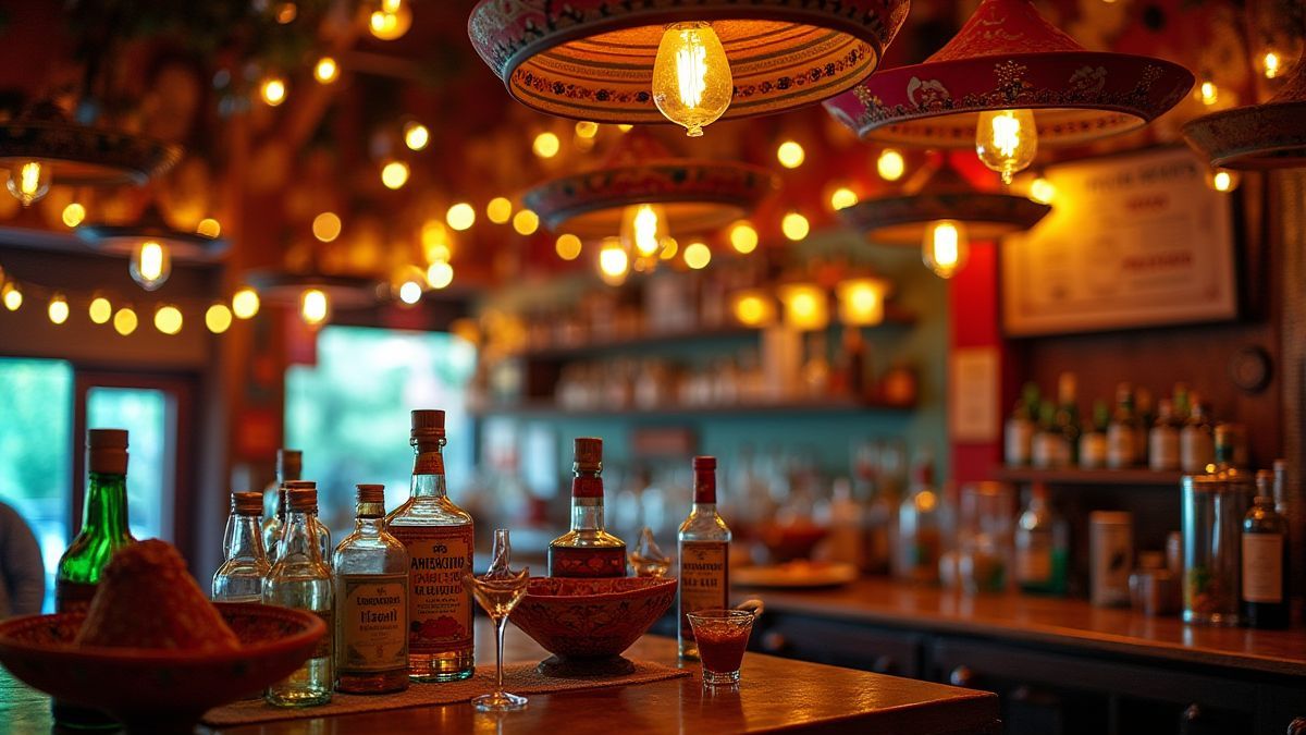 Festive Mexican cantina with sombreros, tequila bottles, and colorful decorations.