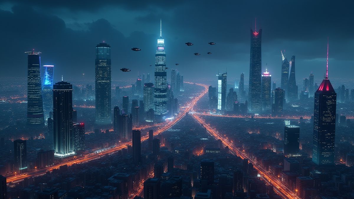 Ville futuriste illuminée avec des gratte-ciels et des voitures volantes.