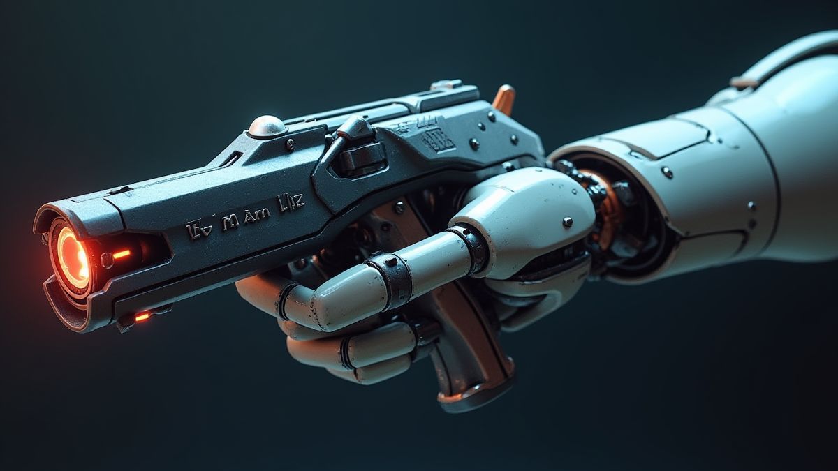 Main de robot tenant une arme futuriste avec des lumières brillantes.