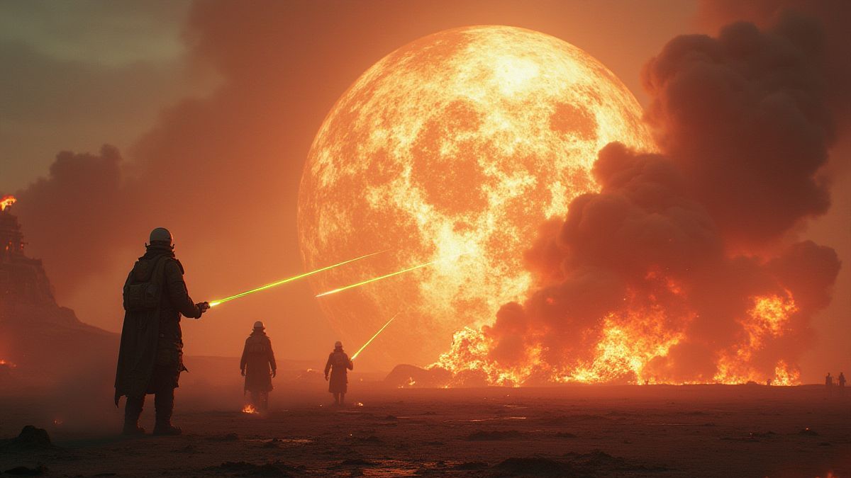 Scène de bataille épique avec rayons laser et explosions dans un paysage futuriste.