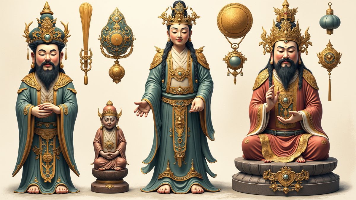 Artefatos e estátuas chinesas antigas com detalhes dourados.