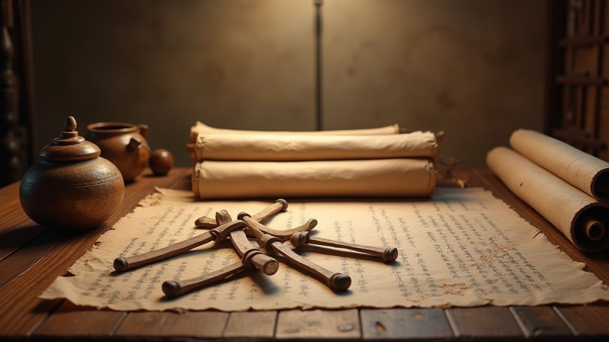 Antike chinesische Schriftrollen und Artefakte auf einem Holztisch.