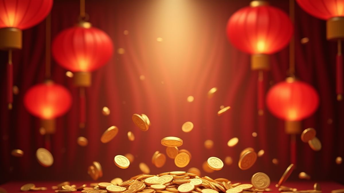 Drehende goldene Münzen und leuchtende rote Laternen in einer mystischen Umgebung.