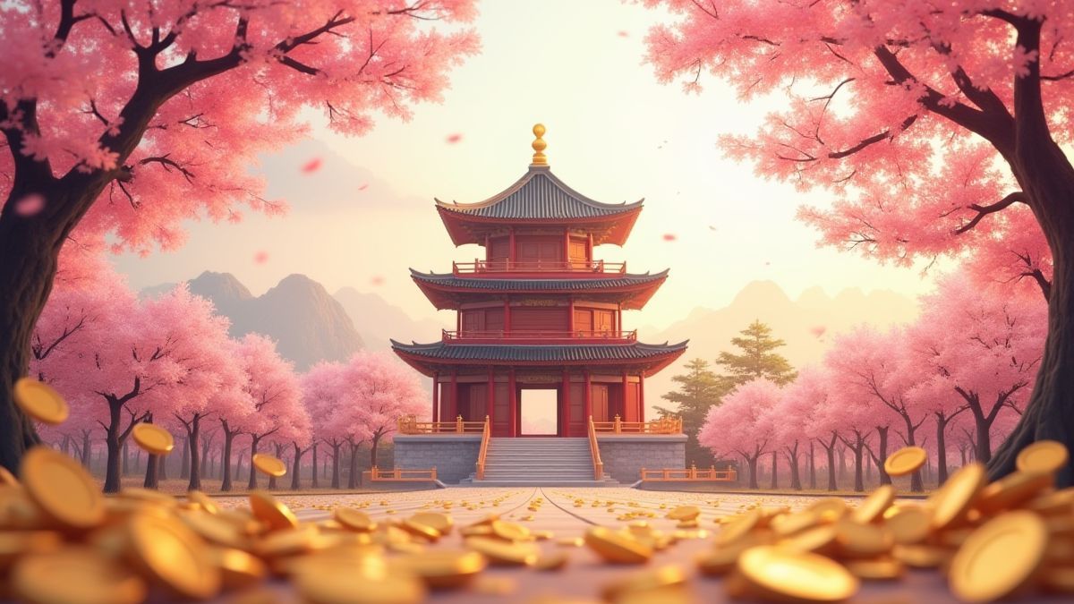 Majestätischer chinesischer Tempel umgeben von Kirschblüten und goldenen Münzen.