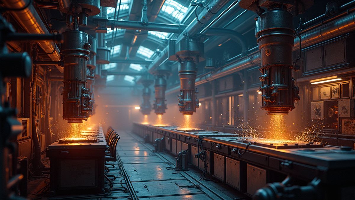 Laboratório futurista com maquinaria brilhante e chispas.