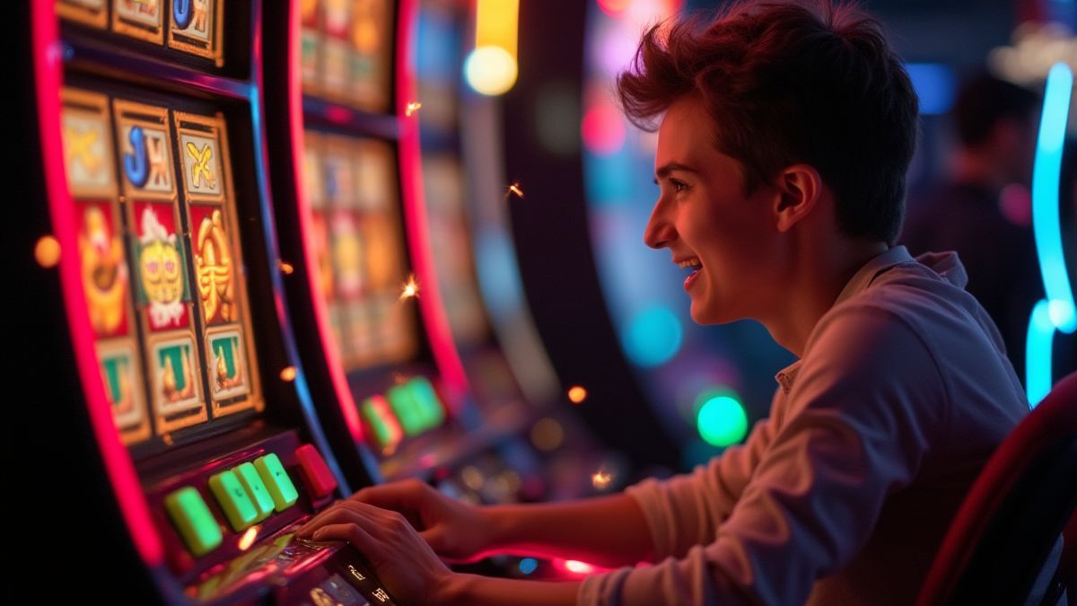 Pessoa desfrutando de uma slot com inventos brilhantes de fundo.