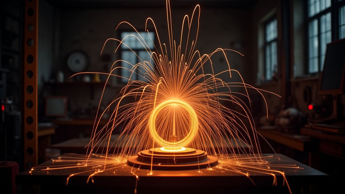 Tesla-coil omringd door vonken en elektriciteit.