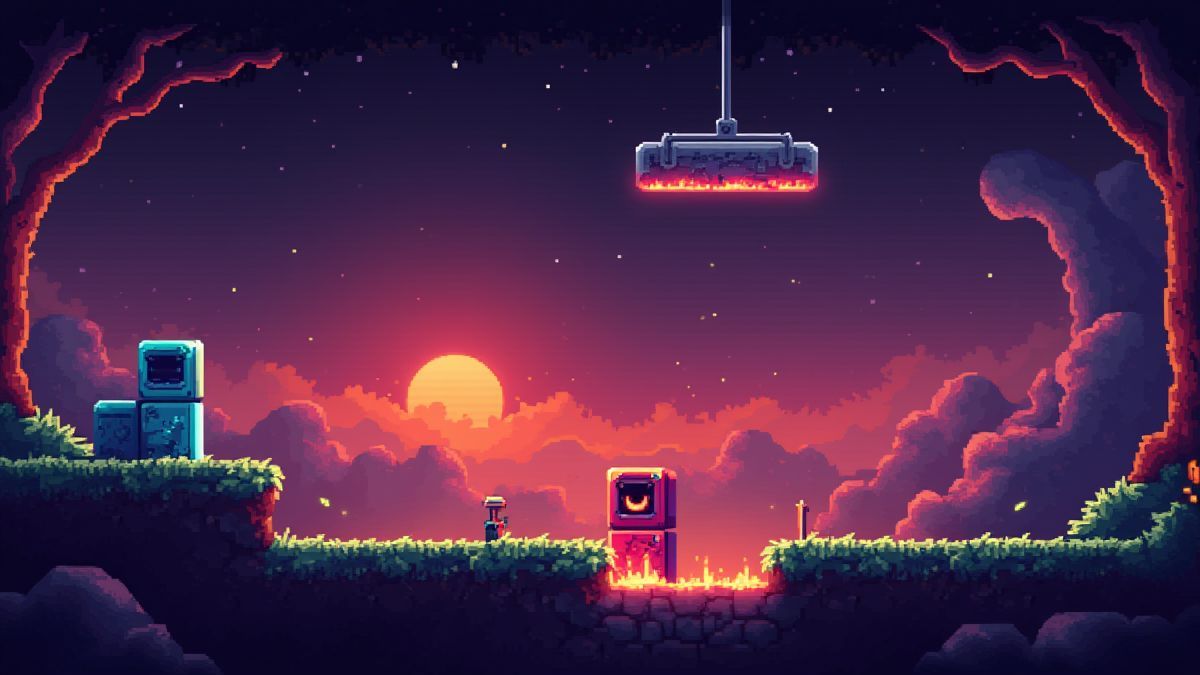 Un diseño de bloques coloridos estilo retro con gráficos pixelados.
