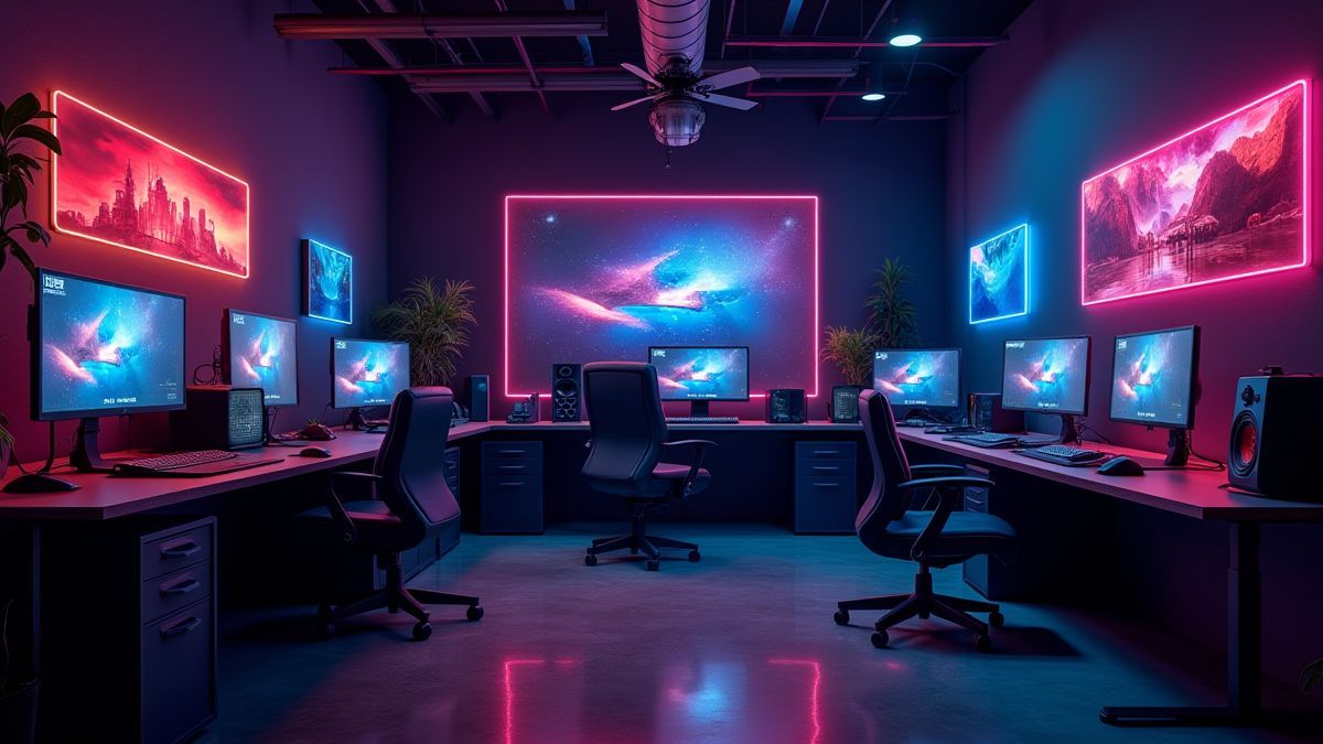 Un estudio de juegos moderno con luces brillantes y diseños creativos.