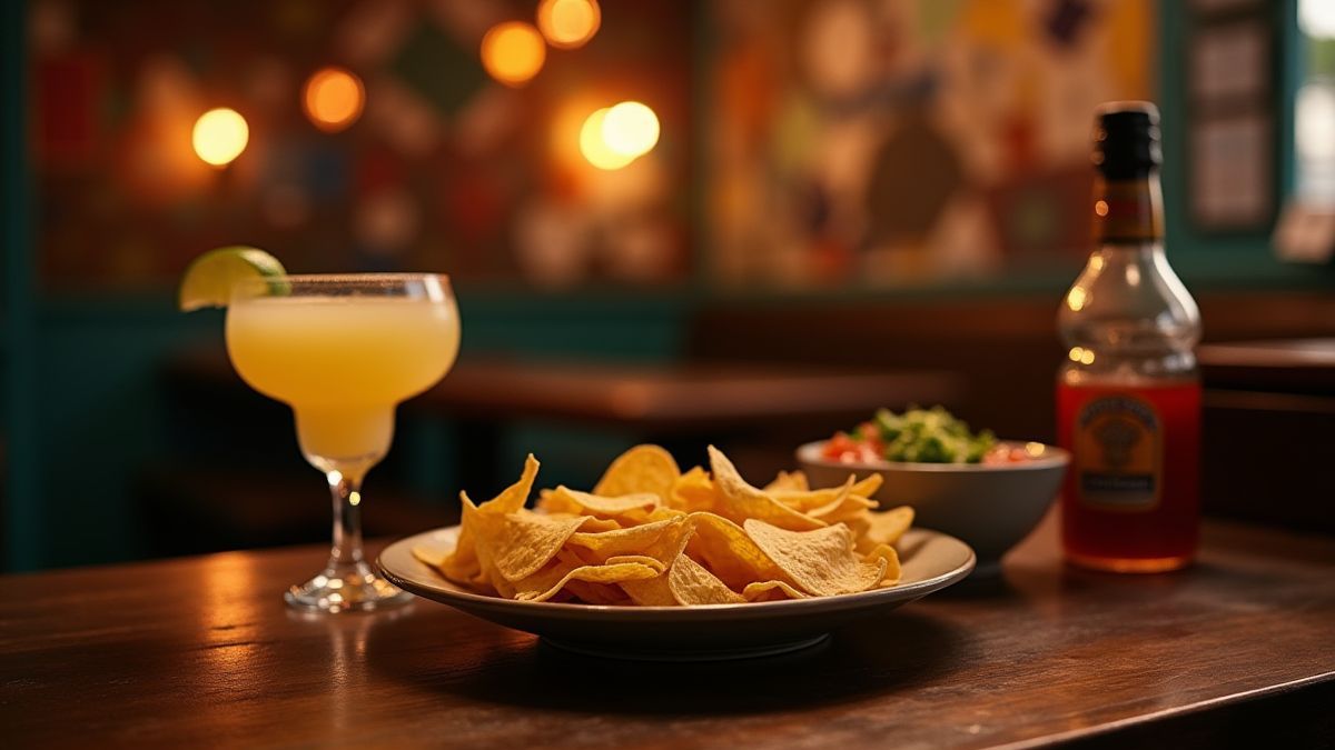Cantina tafel met nacho's en margarita.