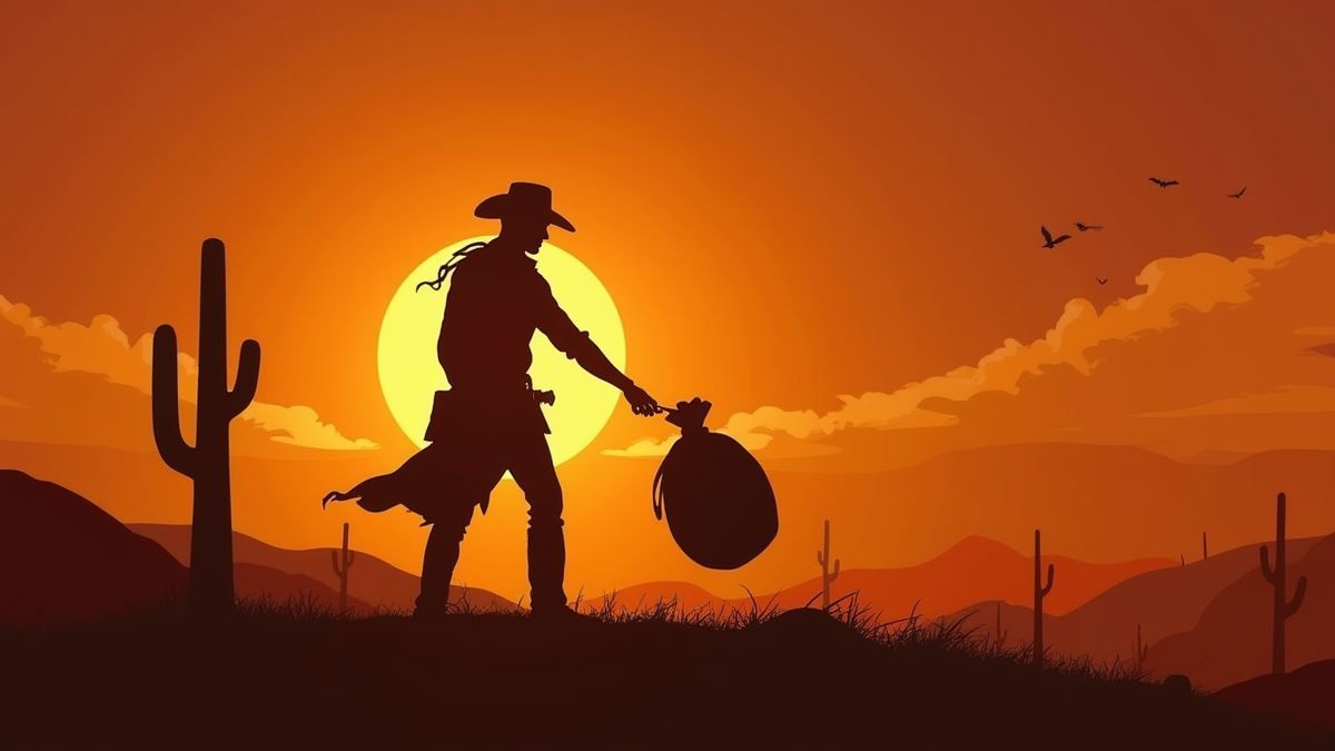 A cowboy holding a sack of stolen gold under a dramatic sunset.