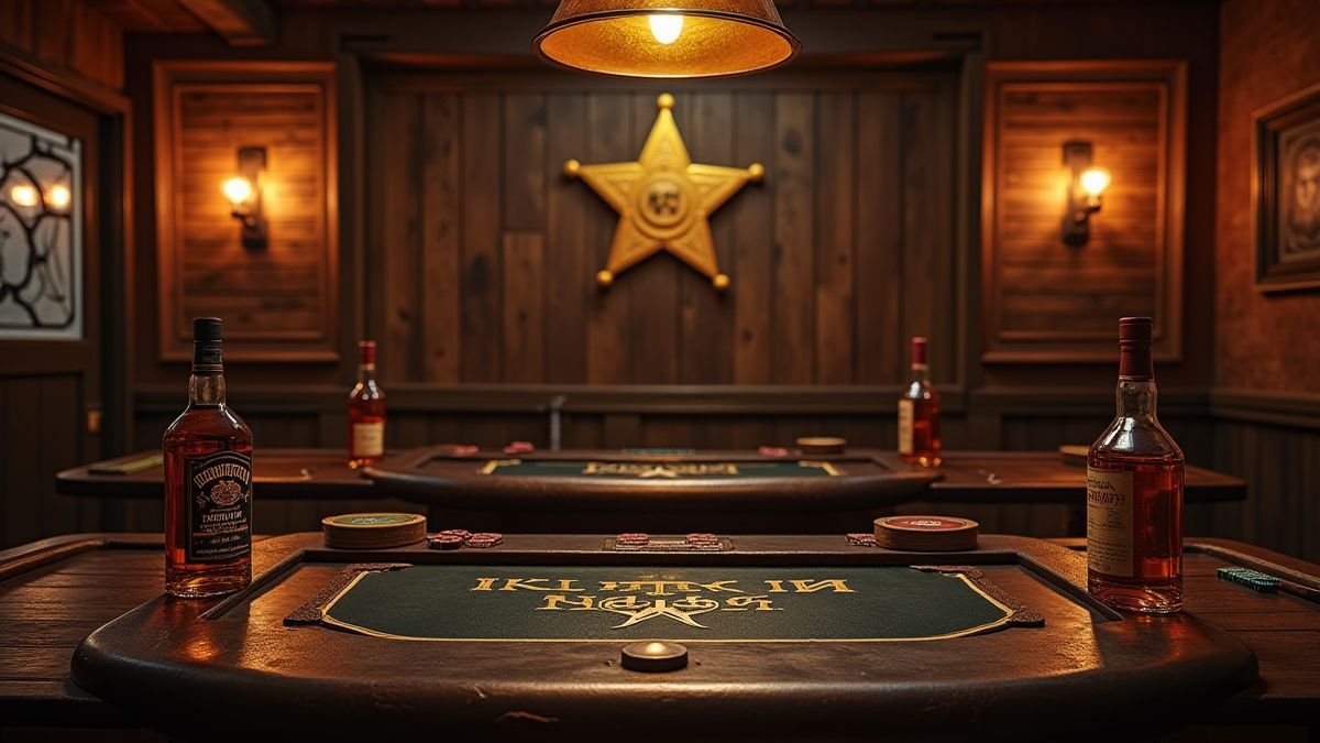 Interior of a Wild West saloon with poker tables and whiskey bottles.