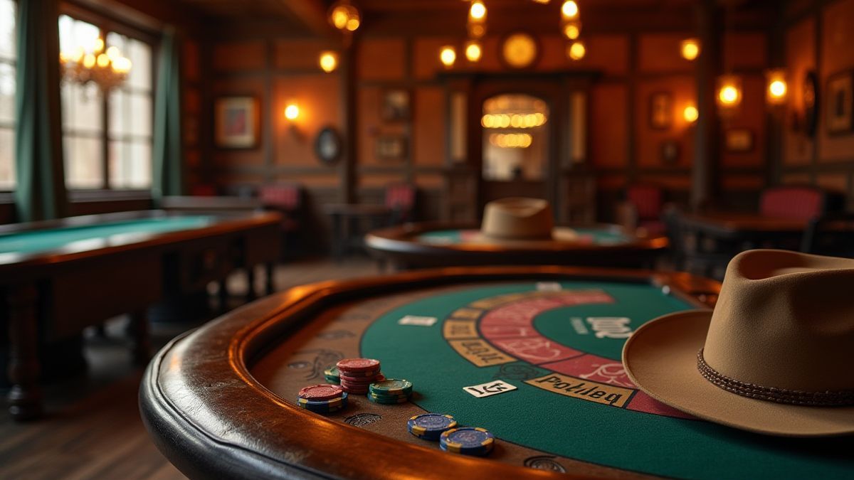 Innenansicht eines Salons mit Pokertischen und texanischer Dekoration.