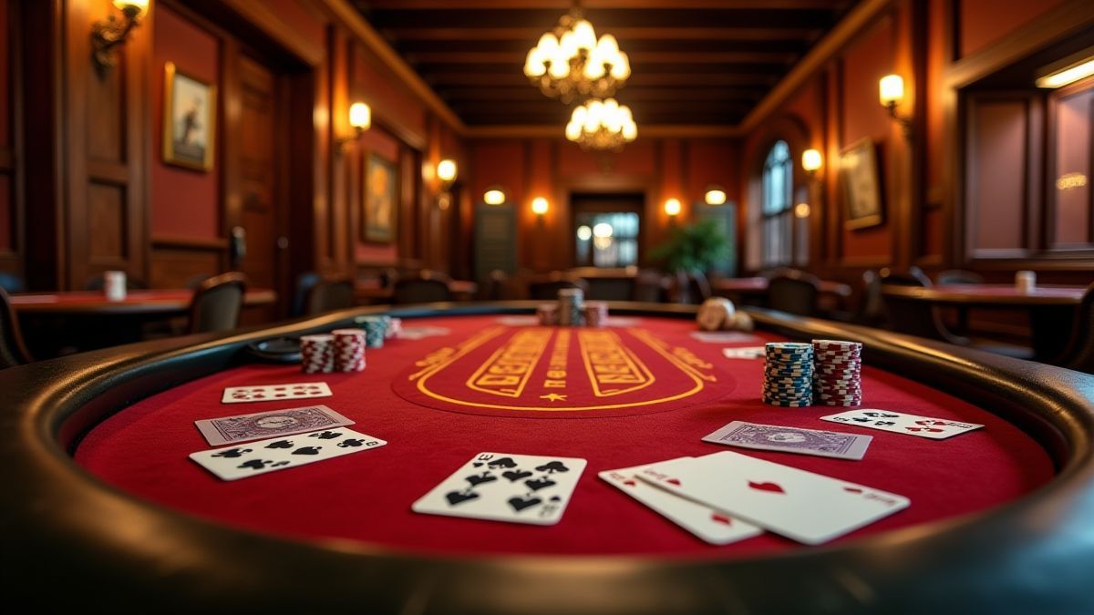 Pokertisch mit Chips und Karten in einem Western-Salon.