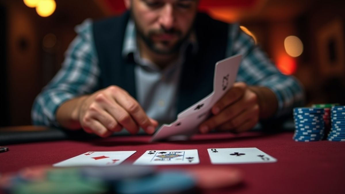 Jugador de póker analizando cartas y fichas en una mesa de casino