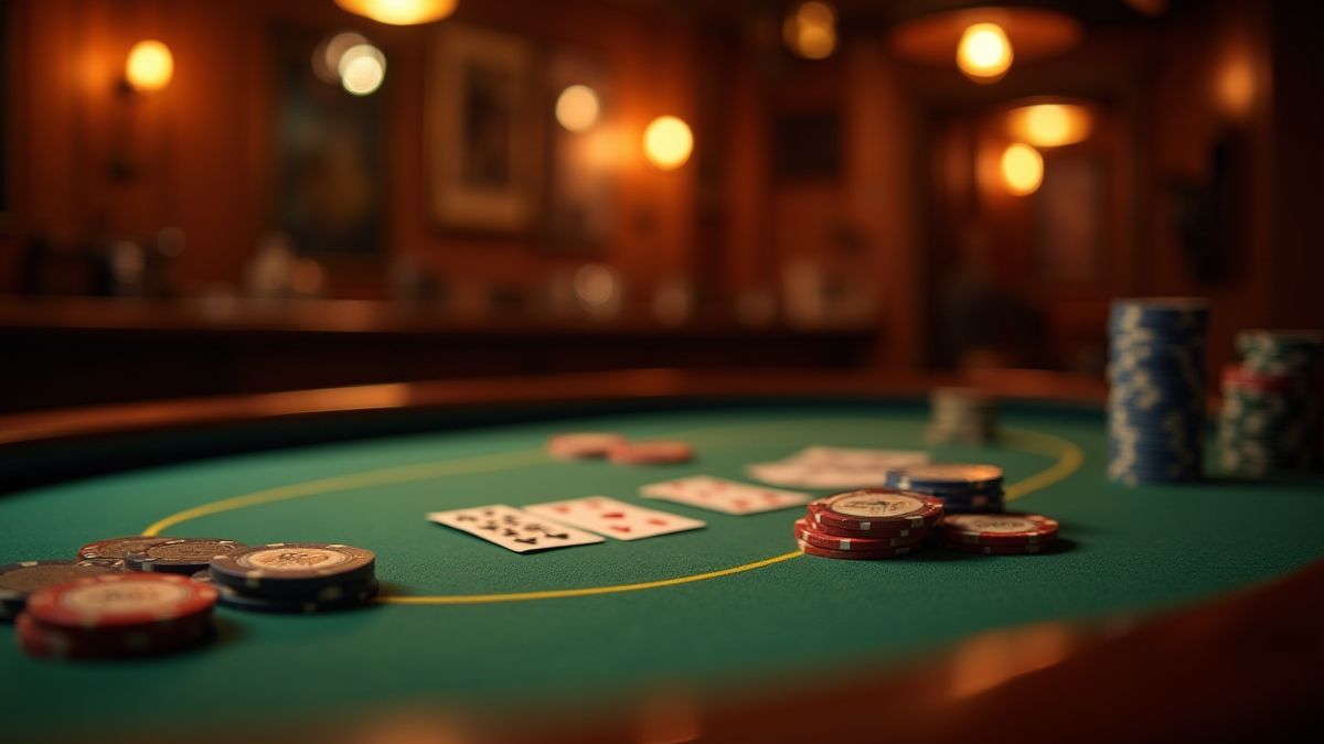 Mesa de póker con fichas y cartas bajo luz cálida estilo salón del Oeste.