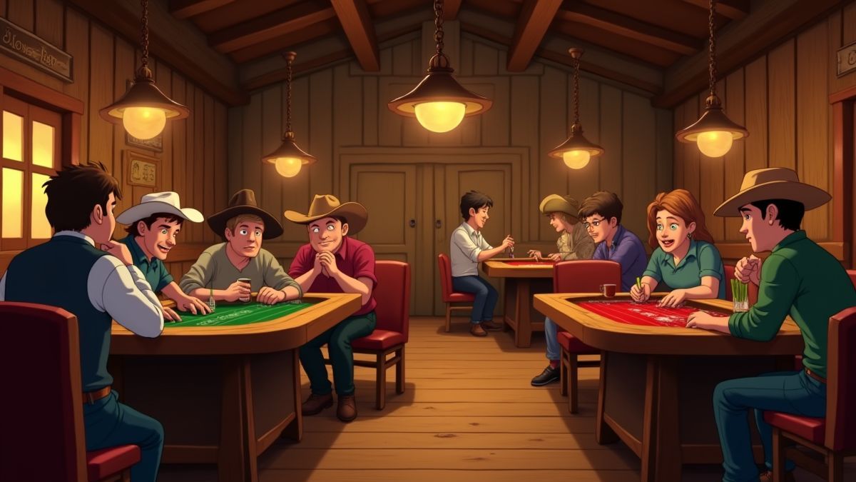 Texas saloon with poker tables and players.