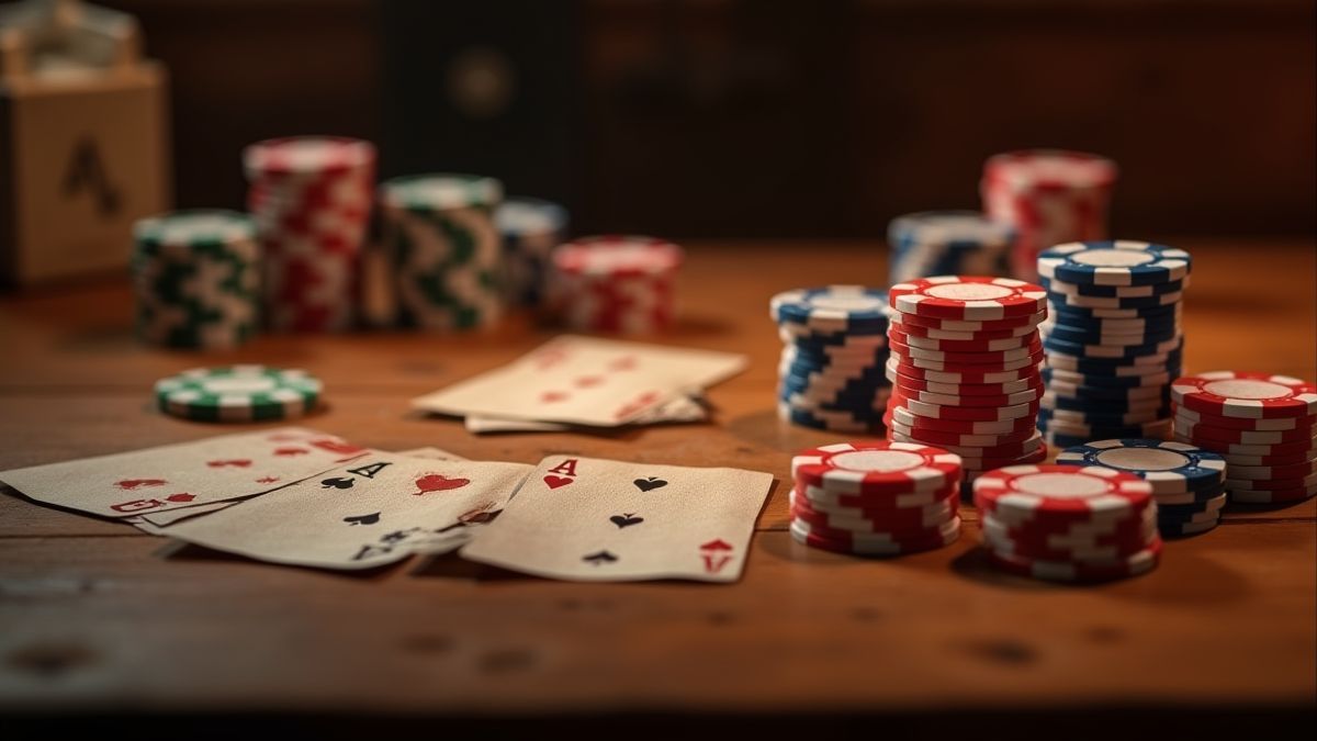 Fichas de póker y cartas animadas en una mesa de madera.