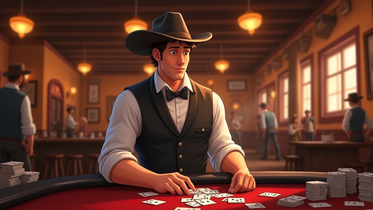Repartidor de cartas animado en un salón animado.