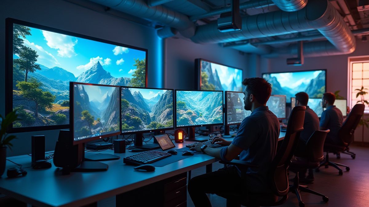 Diseñadores trabajando en el desarrollo de juegos en una oficina moderna.