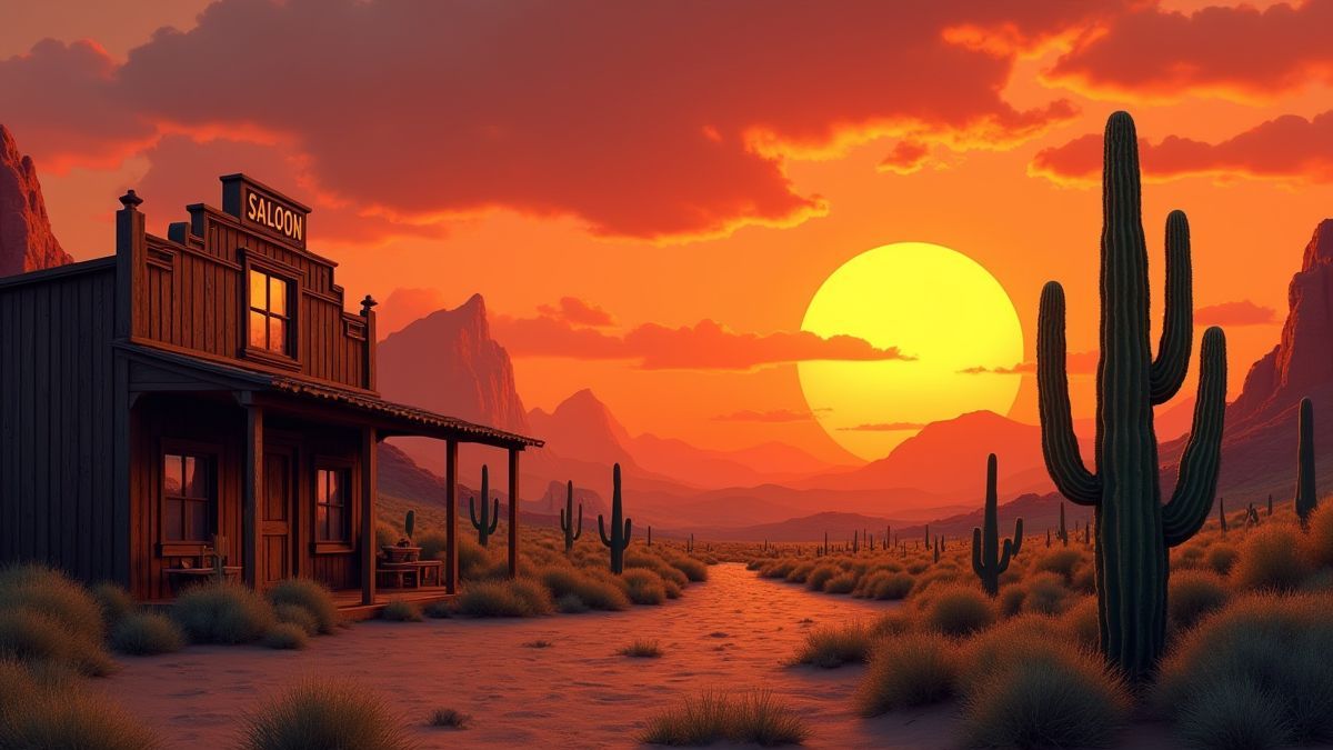 Atardecer en el desierto de Texas con cactus y montañas.