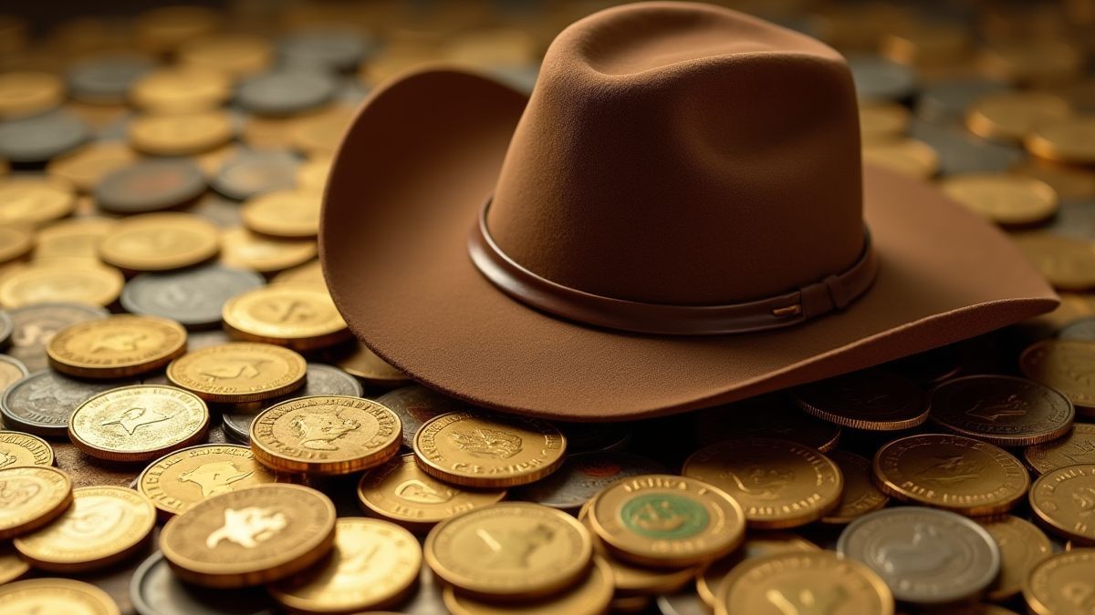 Montón de monedas y barras de oro con un sombrero de vaquero encima.