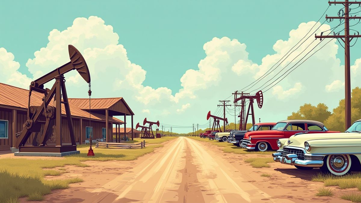 Ranch in Texas with oil platforms and vintage cars.