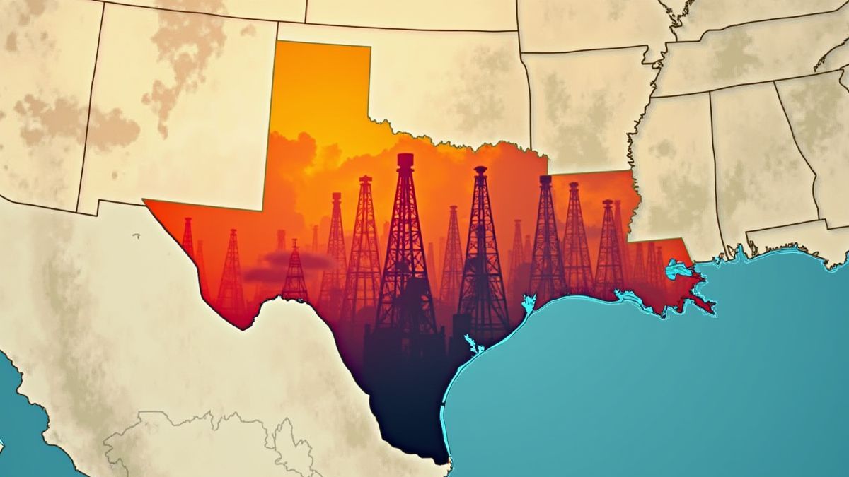 Animated map showing regions of Texas with oil platforms.