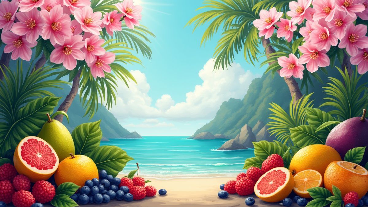 Une scène tropicale vibrante avec des fleurs de cerisier et des fruits exotiques.