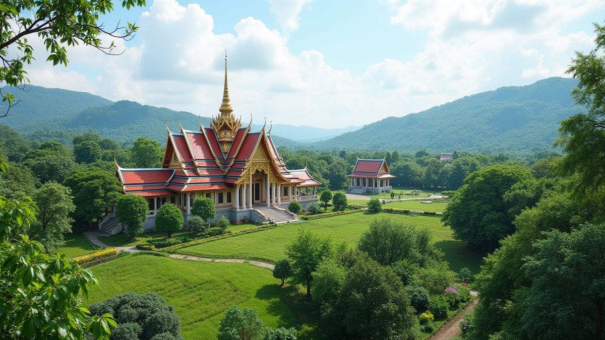 Une vue scénique avec de l'architecture traditionnelle thaïlandaise et une végétation luxuriante.