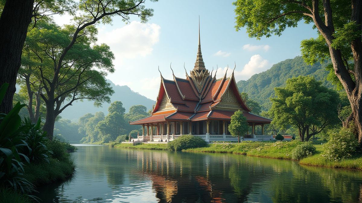 Thai temple surrounded by vegetation and a calm river.