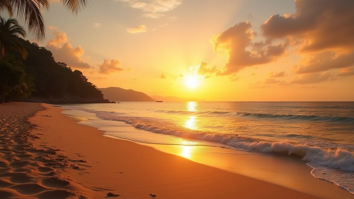 Playa tailandesa al atardecer con arena dorada y aguas tranquilas.