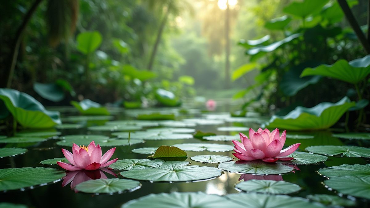 Jardín tropical tailandés con flores de loto en un estanque.