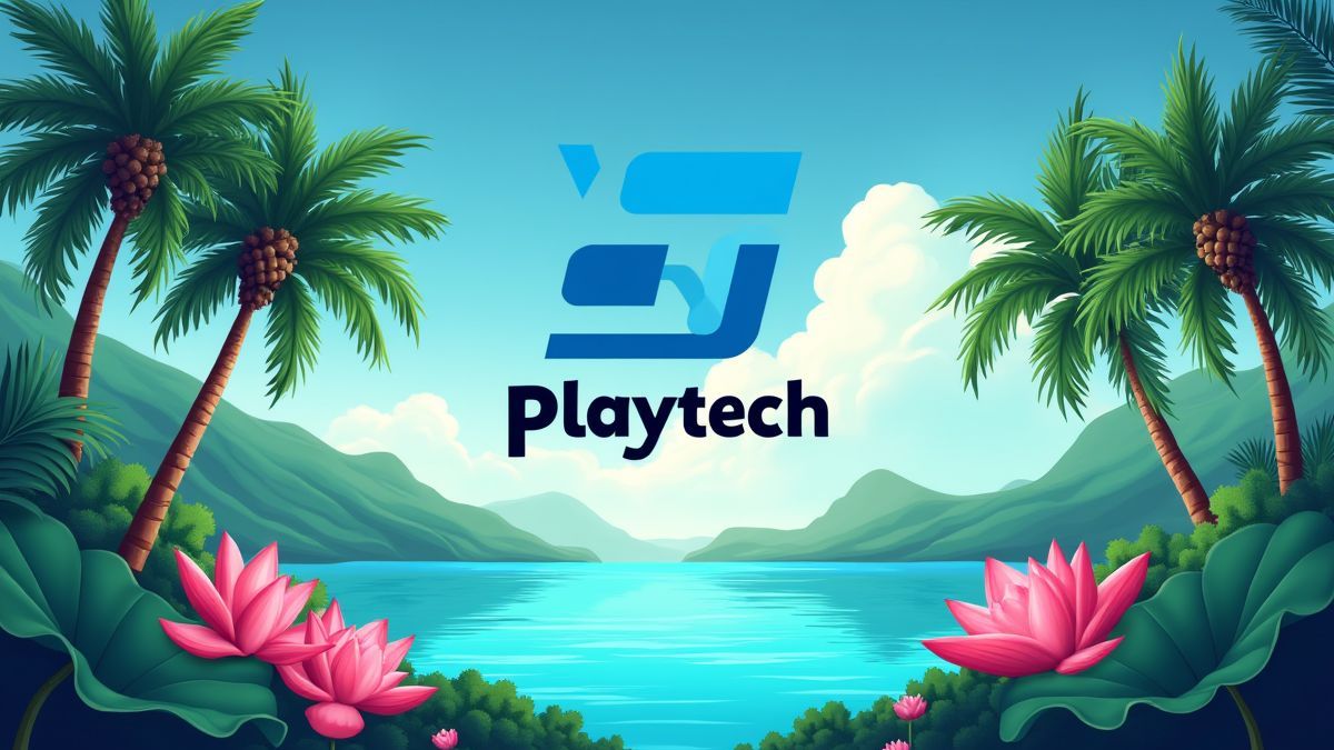 Logo de Playtech com um tema tropical de palmeiras e flores de loto.