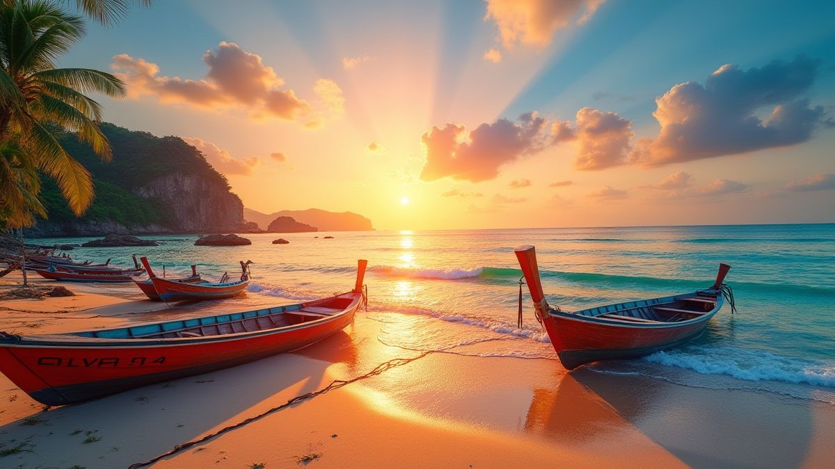 Ein thailändischer Strand mit Booten und einem strahlenden Sonnenaufgang.