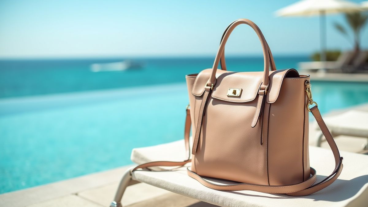 Bolso de luxo junto a uma espreguiçadeira à beira-mar.