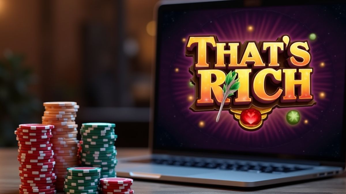 Fichas de cassino ao lado de um laptop com o jogo That's Rich Slot.