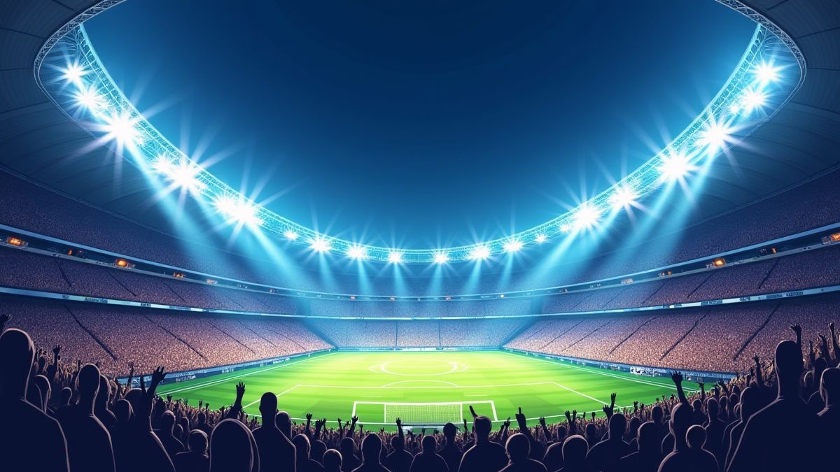 Campo de futebol americano iluminado com fãs animados.