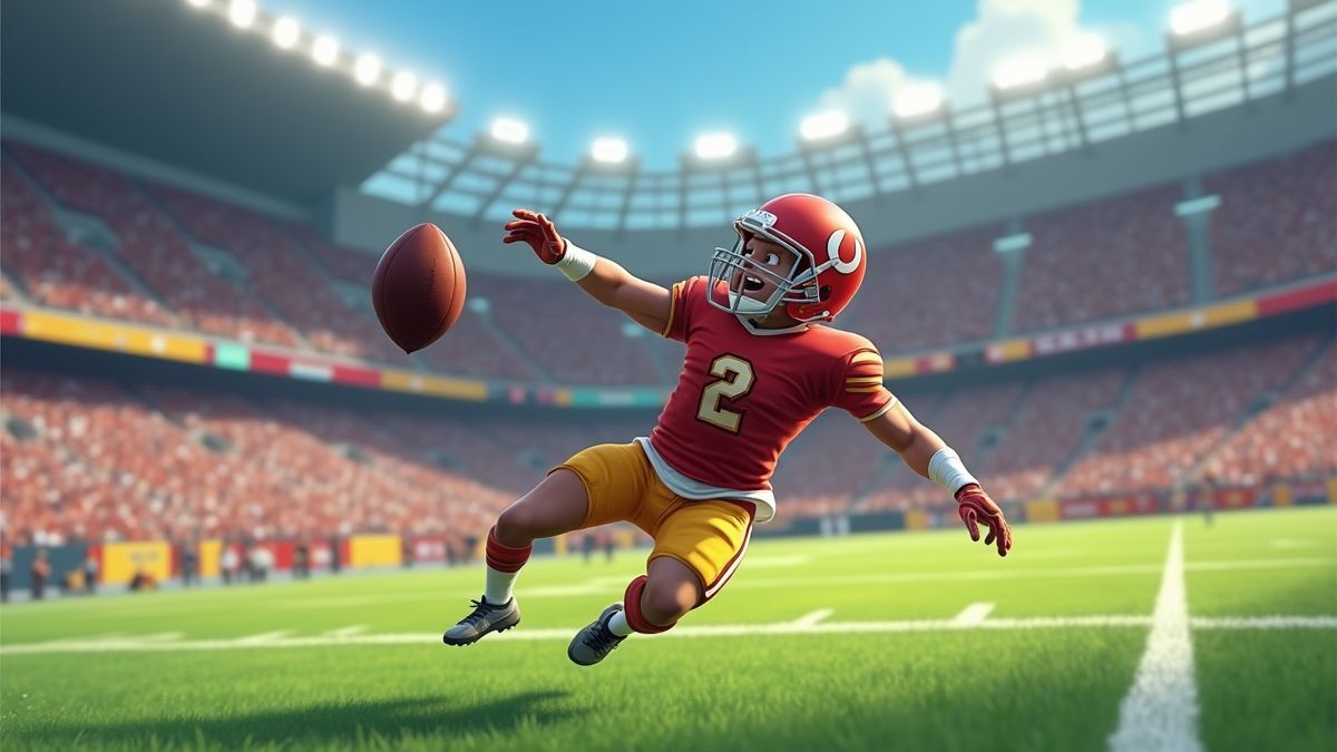 Jogador anotando um touchdown em um estádio cheio.