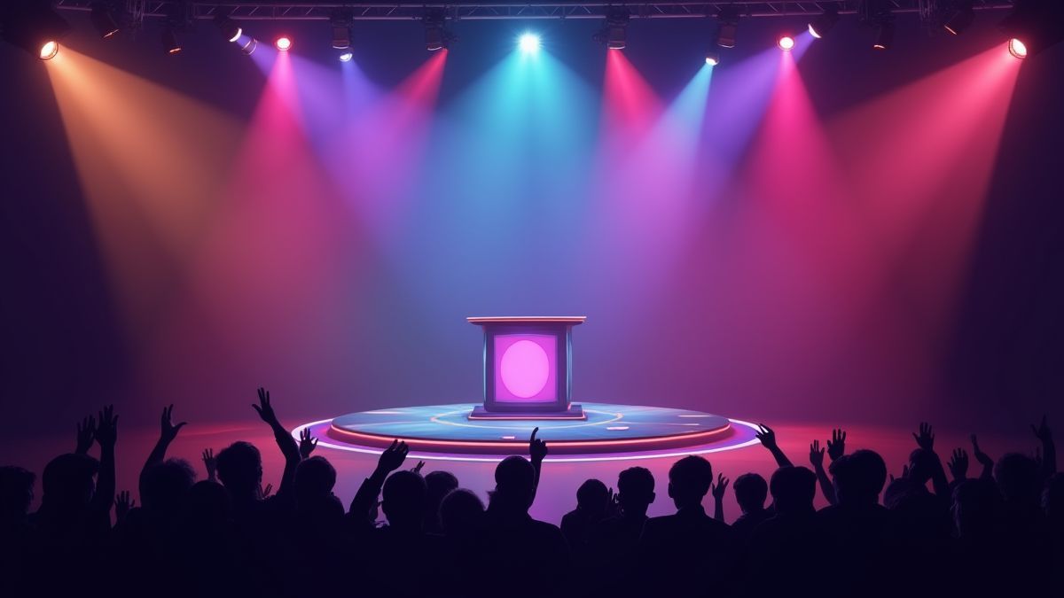Podio de un programa de juegos con luces y público emocionado.
