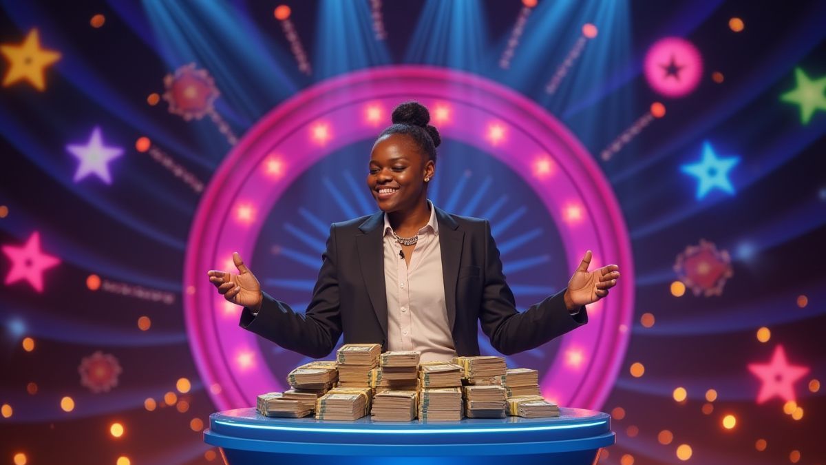 Concursante rodeado de dinero y luces en un programa de juegos.