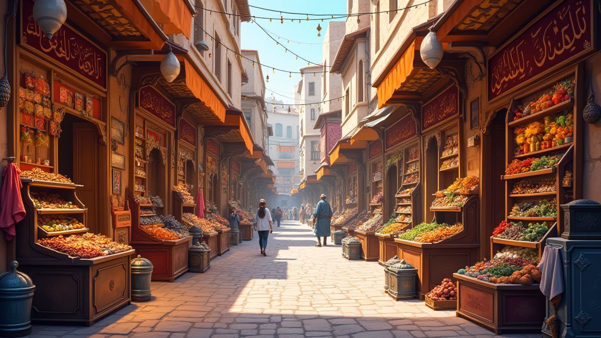 A vibrant oriental bazaar full of colors and treasure chests.