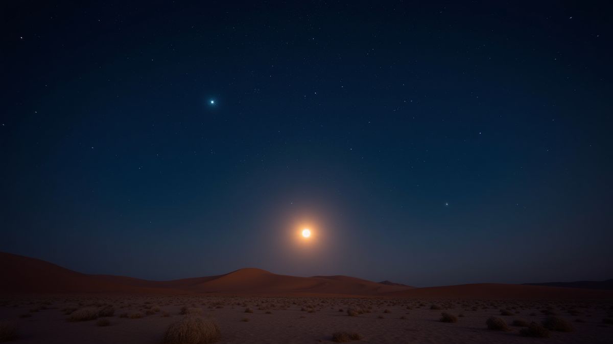 An Arabian night landscape with stars and a bright moon over the desert.