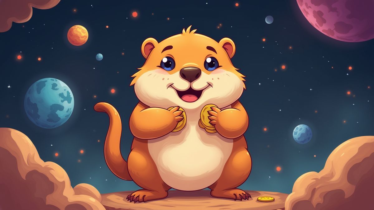 Un gopher feliz sosteniendo monedas en el espacio
