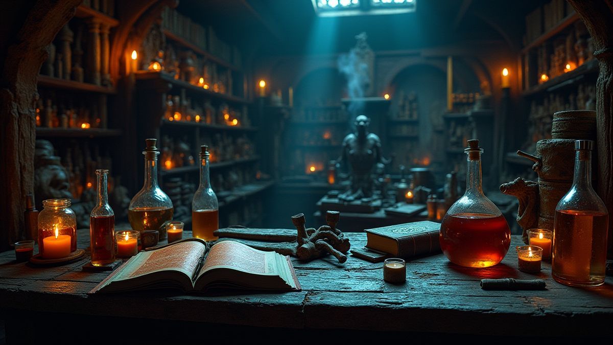 Laboratoire sombre rempli de potions brillantes et de livres anciens.