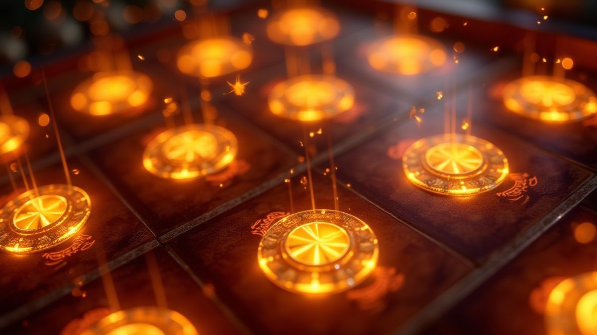 Écran de la machine à sous montrant des symboles dorés et des effets magiques.