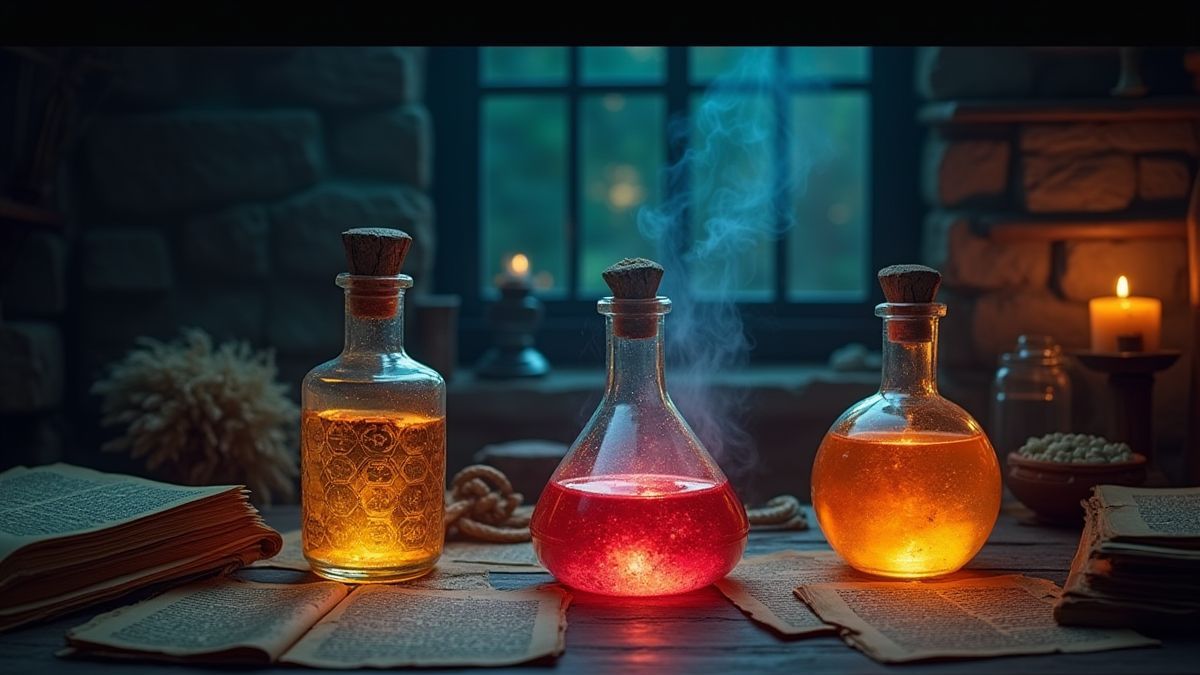Potions brillantes et manuscrits anciens dans un laboratoire magique.