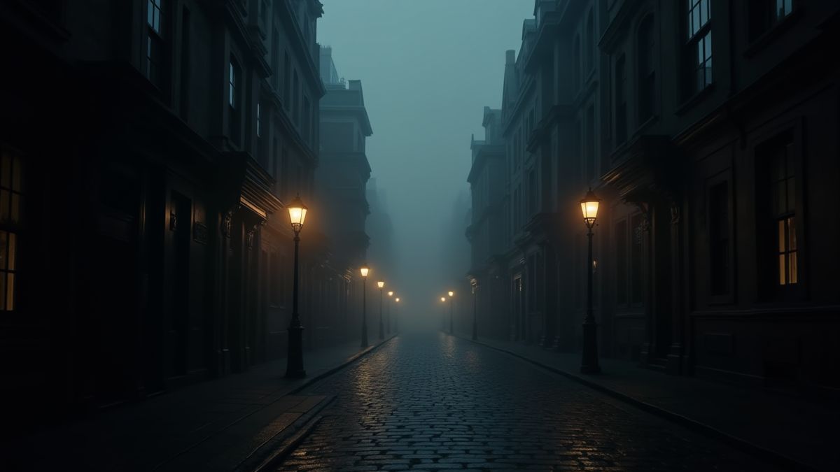 Street of Victorian London with fog and gas lamps.